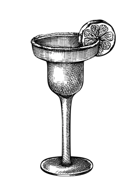 Hand-sketched Margarita cocktail illustration. Vector sketch of alcoholic drink in elegant glass. Classic cocktail with tequila, orange liqueur, lime juice, and salt hand-drawing isolated on white